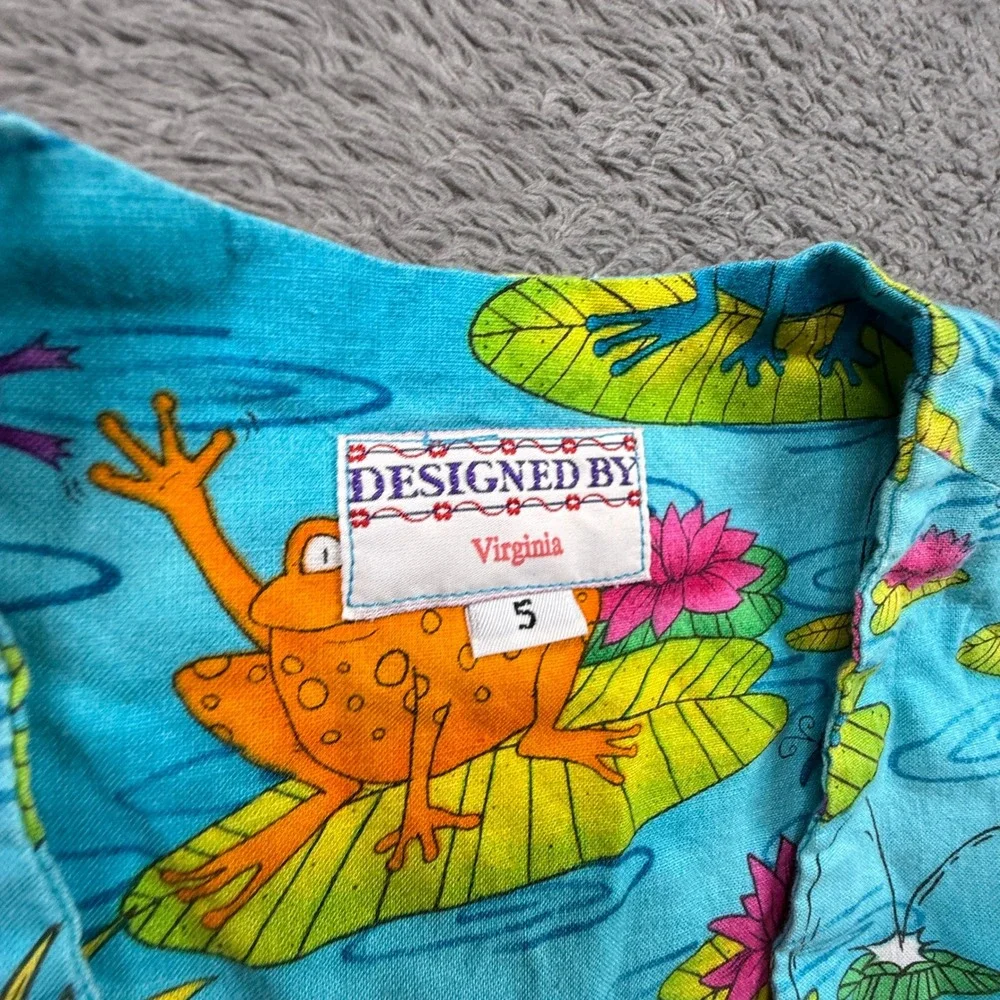 Designed by Virginia Dress Kids Size 5 Blue Vintage Frog Lily Pad Print